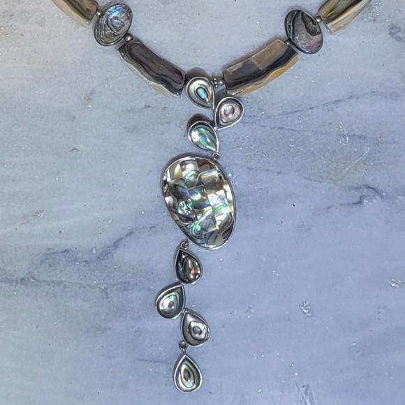 Abalone Sterling 925 Necklace 17.5" 4" Pendant 2" Earrings Set - Picture 2 of 7